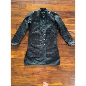 Black Textured Silk‎ Embroidered Button Front sherwani mens